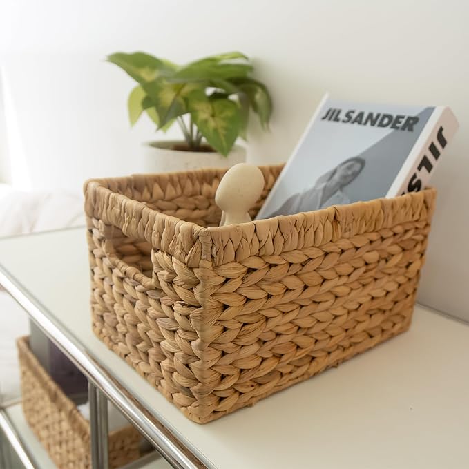 KOKODO Wicker Storage Basket, Set of 2 Handwoven Woven Baskets for Storage, Rectangular Water Hyacinth Baskets with Handles for Shelves, Closet & Home Organizing