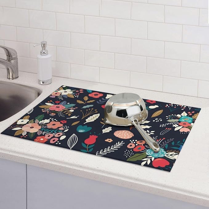 Colorful Flowers Black Dish Drying Mat 18x24 For Kitchen Counter Absorbent Microfiber Dishes Pad Dish Drainer Rack Mats Fast Dry Kitchen Accessories