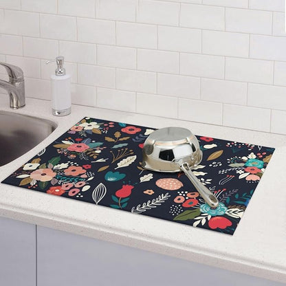 Colorful Flowers Black Dish Drying Mat 18x24 For Kitchen Counter Absorbent Microfiber Dishes Pad Dish Drainer Rack Mats Fast Dry Kitchen Accessories