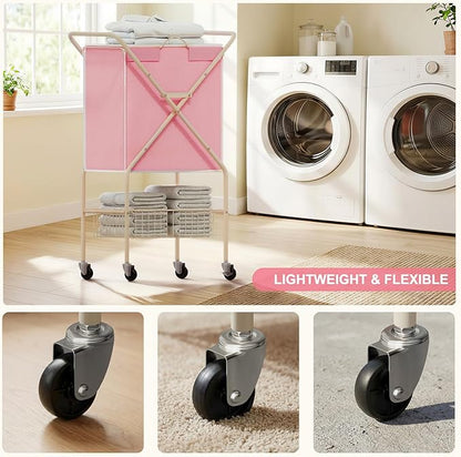 Convenient Laundry Basket with Wheels,36" High Easy Rolling Laundry Cart with Wheels,Heavy Duty Dirty Clothes Laundry Hamper with Handles Removable Bag for Seniors,Folding Metal Frame/Pink/98L
