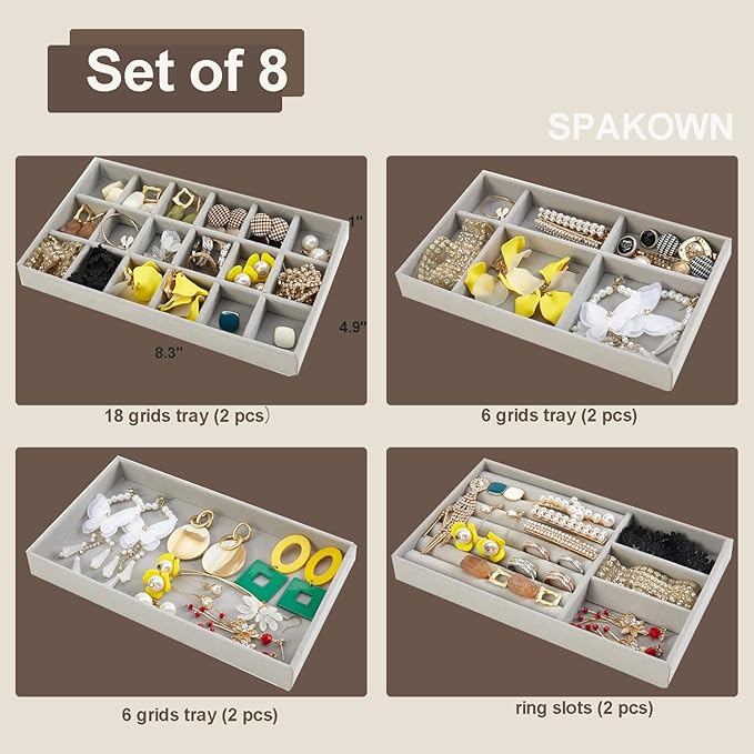 SPAKOWN Jewelry Drawer Organizer Inserts Set of 8, Small Stackable Jewelry Tray with Removable Dividers for Earrings Necklaces Rings Bracelets (Grey)