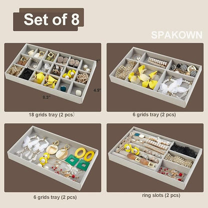 SPAKOWN Jewelry Drawer Organizer Inserts Set of 8, Small Stackable Jewelry Tray with Removable Dividers for Earrings Necklaces Rings Bracelets (Grey)