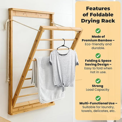 Clothes Drying Rack, Foldable Bamboo Wall Mounted Laundry Rack – Space-Saving, Drop-Down Design – 23" Wide, 40.9" High – Sturdy & Elegant for Home, Laundry Room & Bathroom