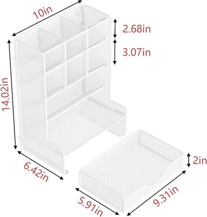 Pen Organizer for Desk, Multi-Functional Desk Organizer, Wall Mount Pen Holder with Drawer for School, Office, Home, Art Supplies, White