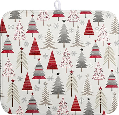Wnoesat Christmas Dish Drying Mats for Kitchen Counter Xmas Tree Drying Mat Winter Holiday Dishes Drying Pad Microfiber Absorbent Dish Draining Mat Washable Dish Drainer Rack Mat 16x18 Inch