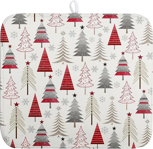 Wnoesat Christmas Dish Drying Mats for Kitchen Counter Xmas Tree Drying Mat Winter Holiday Dishes Drying Pad Microfiber Absorbent Dish Draining Mat Washable Dish Drainer Rack Mat 16x18 Inch