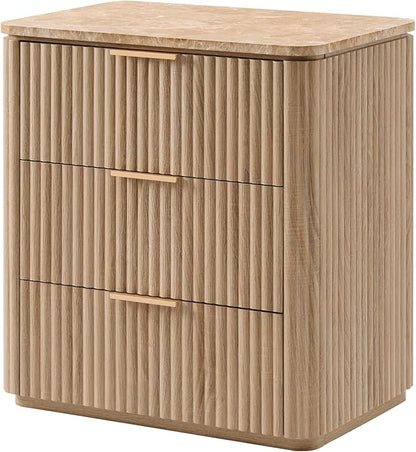 Fluted Nightstand with 3 Drawers, Engineered Wood Bedside Table with Faux Marble-Top, Modern End Table with Curved Corners, Metal Handle, Large Night Stand for Bedroom, Office, Closet, Natural Oak