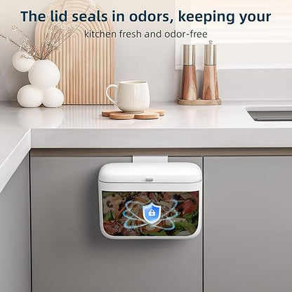 MUEE Hanging Compost Bin for Kitchen Cabinet Door - 1.3 Gal Small Trash Can with Lid, Under-Sink Food Scraps Collector, Slim Odorless Waste Bin for Apartment Essentials & RV - White