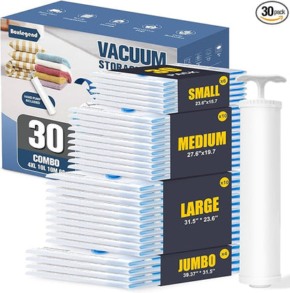 BoxLegend Vacuum Storage Bags with Large Hand Pump 30 Combo (4 Jumbo, 10 Large, 10 Medium, 6 Small) Thickened Vacuum Seal Bags for Clothing Space Saving for Clothes Pillow Comforters Bedding