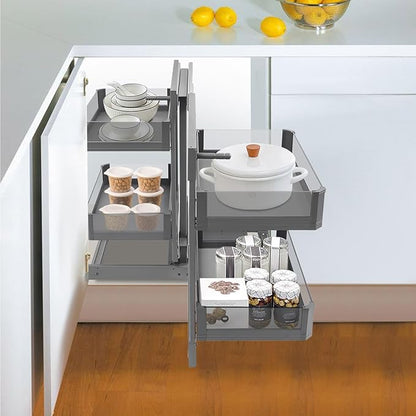 QIANMOON Kitchen Corner Cabinet Pull Out, Magic Corner Pull Out Open, 2 Tiers Swing Tray, Blind Corner Soft Close, for Place Pots and Pans, Containers, Spice Jars