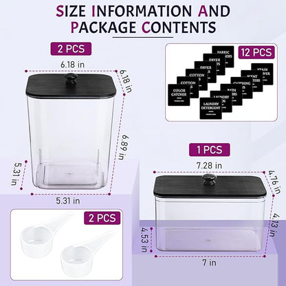 Laundry Pods Container, 3Pcs Acrylic Clear Laundry Room Organization Containers with Dryer Sheet Holder,Large Laundry Detergent Powder Storage Containers Black Wooden Lids & Labels