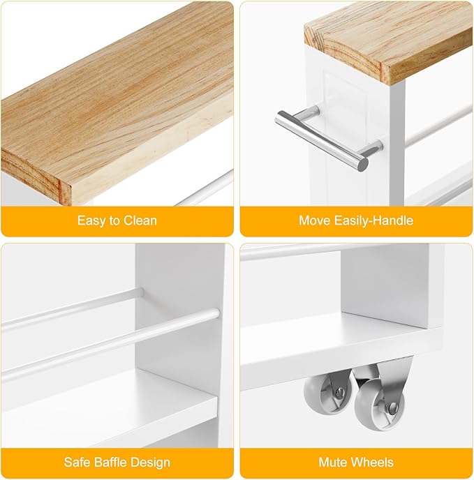 KLM 4 Tier White Slim Storage Cart with Handle, Slide Out Storage Rolling Utility Cart for Kitchen, Laundry, Narrow Places