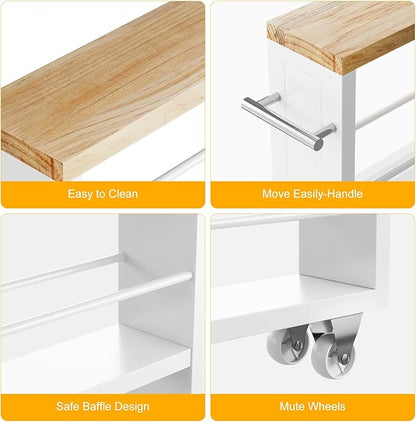 KLM 4 Tier White Slim Storage Cart with Handle, Slide Out Storage Rolling Utility Cart for Kitchen, Laundry, Narrow Places