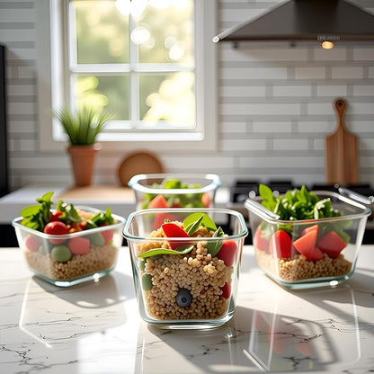 H.JSS WDJS 4 Cup Square Borosilicate Glass Food Storage Containers, 32oz Tall Glass Soup Containers with Lids, Large Square Meal Prep Bowl for Food, Salad, Lunch, Deli, Microwave, Freezer Saf (4Pack)