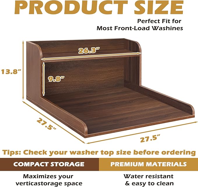 Royxen Washer Dryer Countertop with Shelf,2-Tier Laundry Countertop for Single Washer and Dryer,Soild Wood Washer Dryer Topper for Laundry Room Organization (Walnut)