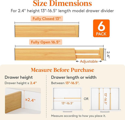 Lifewit 6 Pack Bamboo Drawer Dividers 2.4" High, 13-16.5" Kitchen Drawer Organizers, Adjustable Wooden Drawer Dividers for Clothes, Expandable Drawer Separators for Dresser, Bedroom, Bathroom, Cabinet