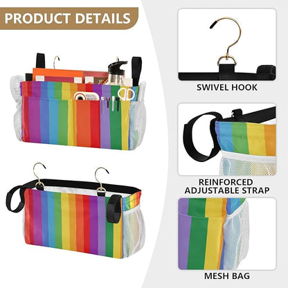 CuwrYet Bedside Caddy Hanging Bunk Bed Caddy Bed Organizer Hanging Pocket with 2 Hooks Bedside Storage Organizer Pocket Bag Holder Vibrant Colorful Stripes