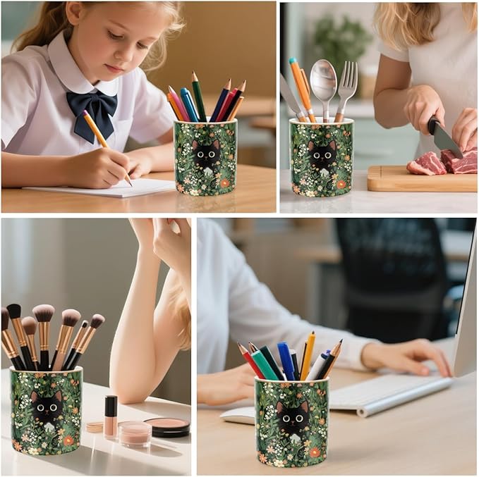 WAVEYU Pen Holder, Pencil Cup for Desk, Cute Makeup Brush Holder, Durable Ceramic Organizer Decor for Room, Office, Classroom, Cute Cat Pattern
