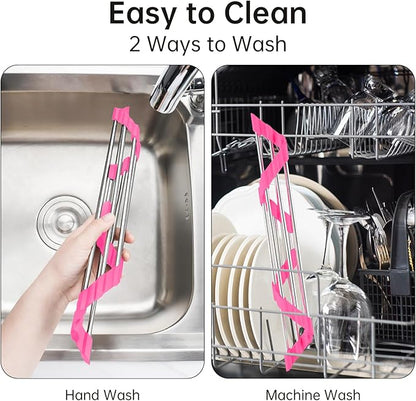 Tomorotec Triangle Roll-Up Dish Drying Rack for Sink Corner - Small, Foldable, Stainless Steel, Multipurpose Kitchen Drainer Caddy, Trivet, Rustproof Organizer, Storage Shelf (Rose)