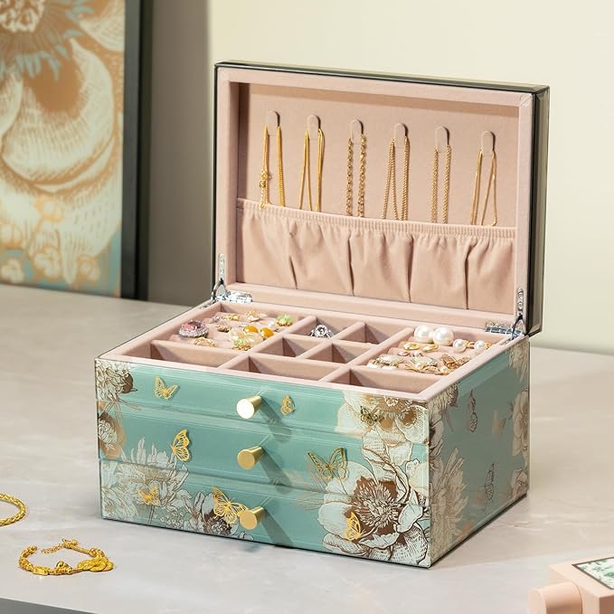 Homruilink High End Glass Jewelry Box - 3 Layer Jewelry Organizer - Velvet-Lined Case For Ring, Necklace, Earring, Bracelet Storage - Green Floral and Bird - Christmas Gifts For Women