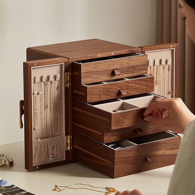 CHOSIN Black Walnut Wooden Jewelry Box 5 Layer Large Wood Jewelry Organizer Brass Handle for Necklaces Rings Earrings Watches Storage Valentines Day Gifts for Her(7.9x8.7x10.0inches)