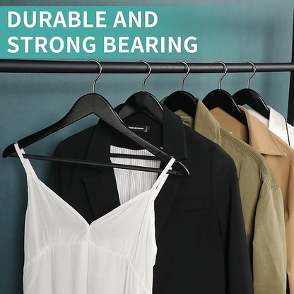 Perfecasa Grade A Real Wood Hangers 20 Pack, Suit, Coat, Solid Wood Construction, Smooth Finishes, Non-Slip Pants Bars, Soft Coated Hooks, 360° Swivel Hooks, Premium Quality Wooden Hangers (Black)