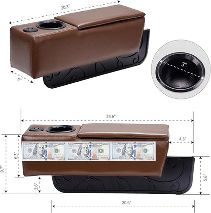 Sofa Armrest with Cup Holder, PU Leather Multifunctional Couch Arm Rest Insert, Removable Couch Caddy with Storage, Equipped with LED Reading Light & Wireless Charge Stand