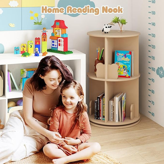 Costzon Kids Rotating Bookshelf, 2 Tier Small Book Shelf with Bookends, 360° Display Spinning Bookshelf Tower, Corner Bookshelf for Small Space, Kids Room, Bedroom, Nursery (Coffee)