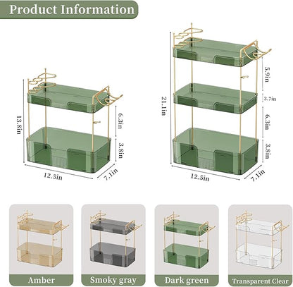 Akinbas 2 Tier Bathroom Organizer Countertop Makeup Perfume Tray Skincare Organizer Comes with Hair Dryer Rack and Toothbrush Holder for Bathroom Dresser Vanity (Green)