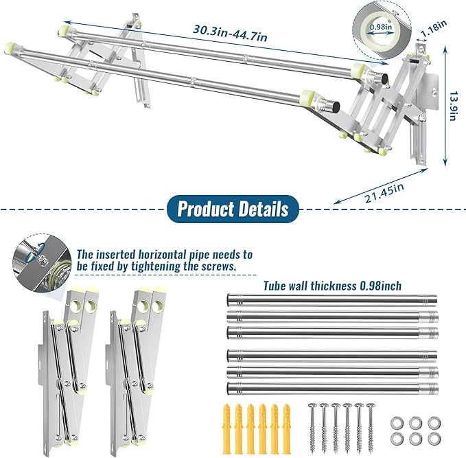Foldable Wall Mounted Clothes Rack-Double 44'' Long Rod&2 Bases,Stainless Steel, Heavy Duty,Multi-Purpose for Space-Saving Garment Rack/Clothes Drying Rack/Plant Hanger (44 inches length X 2 rows)
