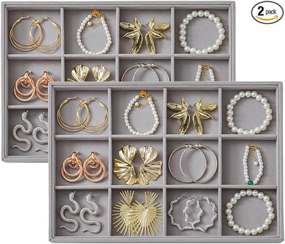 KATISYIO Large Velvet Jewelry Tray 2 Pack Stackable Jewelry Display Drawer Inserts Trays Organizer for Earring Bracelet Necklace Ring (Gray, 12 Grids)