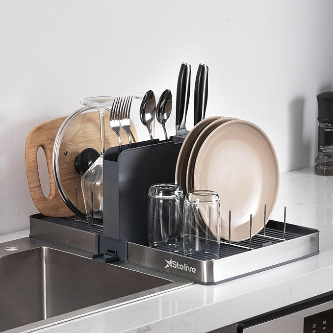 Stelive Foldable Dish Drainer Rack with Removable Cutlery Holder Stainless-Steel Dish Drying Rack with Dual Parts, Space-Saving Dish Rack, Rustproof Utensil Drainer for Kitchen Counter, Gray/Steel