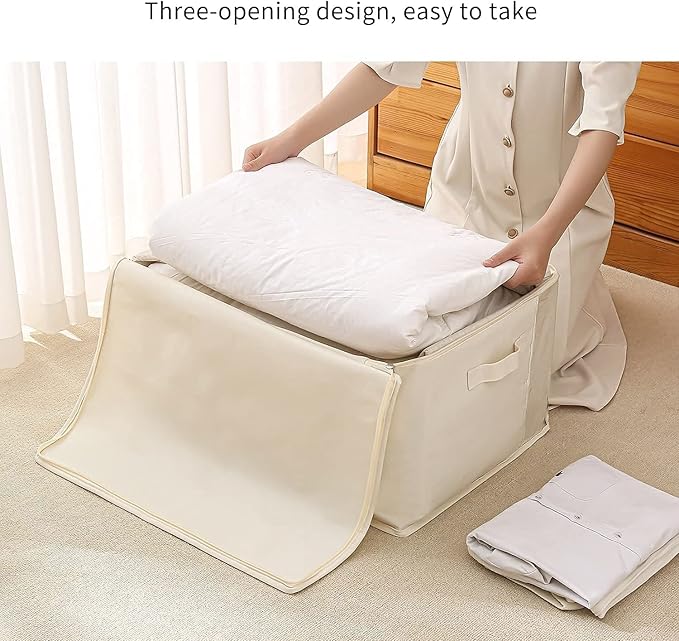 3-Pack Large Canvas Comforter Storage Bags for Clothes Sweater Clothes Organizer with Dual Zipper Three Carrying Handles for Blanket Closet Storage Container