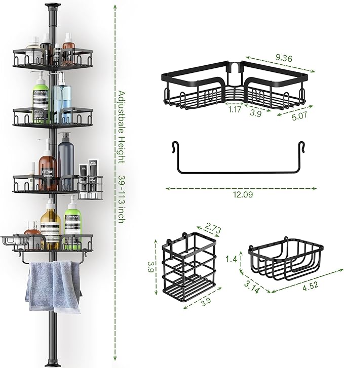 Clothink Corner Shower Caddy Tension Pole 4 Tier Adjustable Stainless Steel Shower Shelf for Inside Shower Bathtub Shampoo,Standing Bathroom Organizer Shelves with 39 to 113 inch Height
