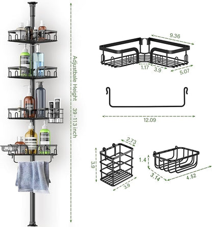 Clothink Corner Shower Caddy Tension Pole 4 Tier Adjustable Stainless Steel Shower Shelf for Inside Shower Bathtub Shampoo,Standing Bathroom Organizer Shelves with 39 to 113 inch Height