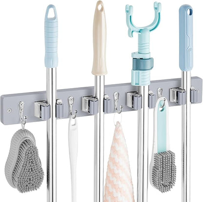 Gray Mop Broom Holder Wall Mount with 4 Slots & 4 Hooks - Wood Broom Mop Hanger for Pantry Closet Laundry Room Organization - Heavy Duty Garden Tool Organizer