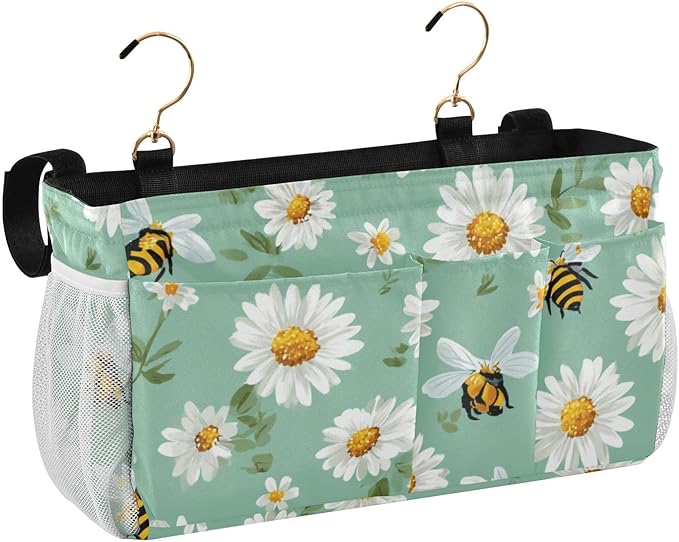 CuwrYet Bedside Caddy Hanging Bunk Bed Caddy Bed Organizer Hanging Pocket with 2 Hooks Bedside Storage Organizer Pocket Bag Holder Mint Green Daisy Flowers and Bees
