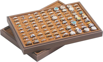 2Pcs/Set Ring Organizer Tray, Stackable Jewelry Organizer Trays for Drawer,100 Slots Wood Rings Earring Stud Jewelry Displays for Store Selling or Home Show
