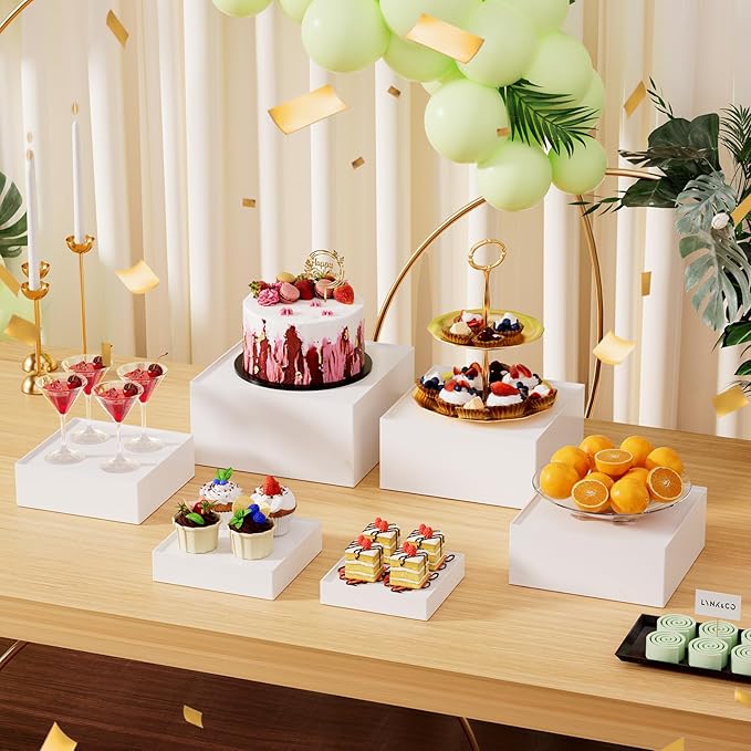 6 Pcs Large Buffet Risers Display Stands Set 7" to 12"- Acrylic Food & Dessert Table Display Stand Shelf for Party, Catering, Jewelry, Collectibles, White Cube Storage Boxes