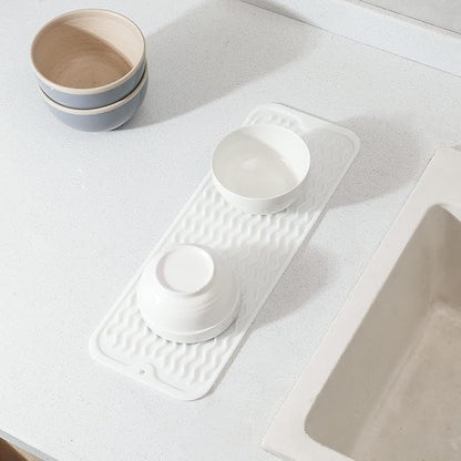 Silicone Dish Drying Mat for Multiple Usage,Easy clean,Eco-friendly,Heat-resistant Silicone Mat for Kitchen Counter,Sink,Bar,Bottle,or Cup White M 17 inches x 6 inches