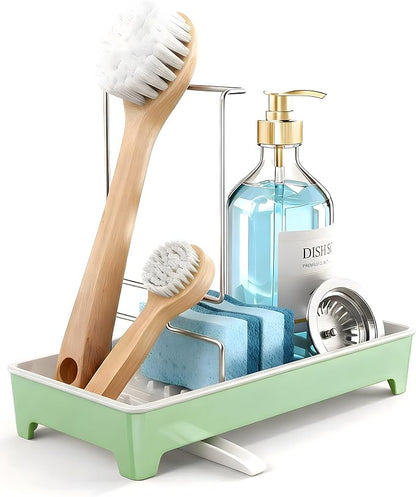 Caumic Minimalist Sink Caddy, Rustproof Sponge Holder for Kitchen Sink with 304 Stainless-Steel Brush Holder, Countertop Rack Organizer with Raised Ridges & Silicone Drain Tube (Mint Green)