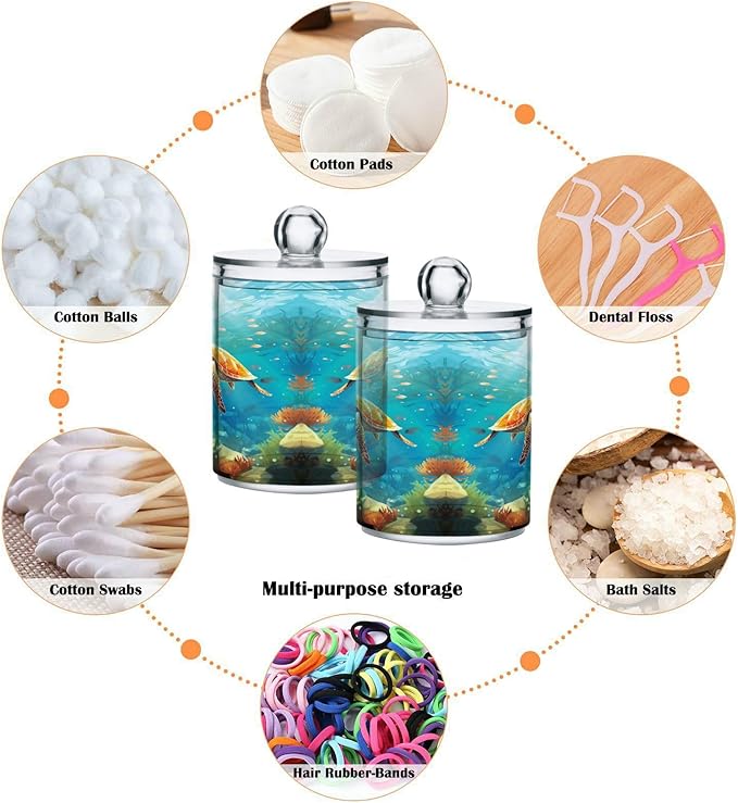 MNSRUU 4 Pack Qtip Holder Organizer Dispenser Sea Turtle Pink Bathroom Storage Canister Cotton Ball Holder Bathroom Containers for Cotton Swabs/Pads/Floss