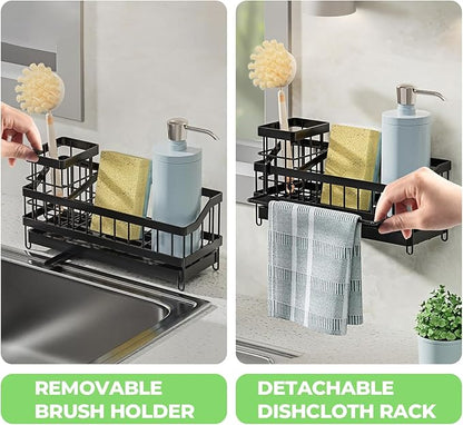 SOVGIZF Sink Caddy kitchen Organzier with High Brush Holder, Wall-Mounted Sponge Holder for Sink, Countertop Organizer Soap Dispenser Storage, Rustproof 304 Stainless Steel Kitchen Essentials