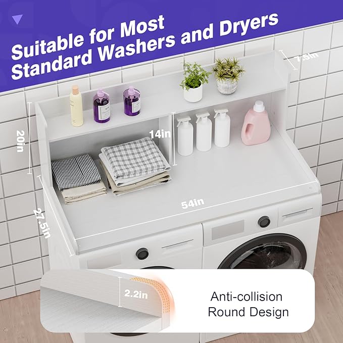 Washer Dryer Countertop with 2 Tier Shelf, 27.5" W × 54" L Laundry Wood Countertop with Edge Rails for Laundry Room Organization and Storage (White)