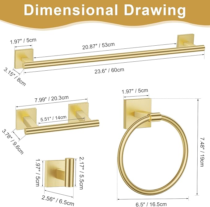 Brushed Gold Bathroom Hardware Towel Bar Set, 5 Pieces Double Dase Toilet Paper Holder Towel Holder Set, 23.6 Inch Stainless Steel Towel Rack for Bathroom Wall Mount