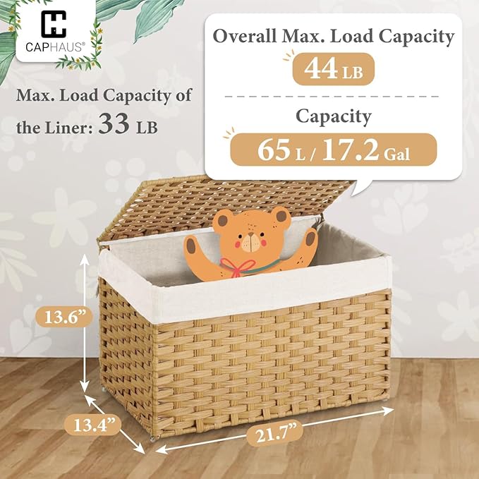 CAPHAUS Handwoven Storage Basket w/ Lid & Handles, 2 Removable Liner Bags, Foldable Clothes Basket for Laundry, Large Synthetic Rattan Laundry Basket, 65L, Natural
