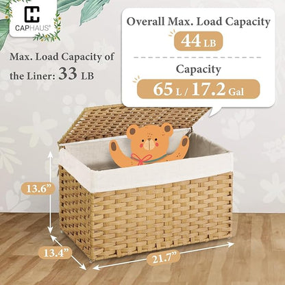 CAPHAUS Handwoven Storage Basket w/ Lid & Handles, 2 Removable Liner Bags, Foldable Clothes Basket for Laundry, Large Synthetic Rattan Laundry Basket, 65L, Natural