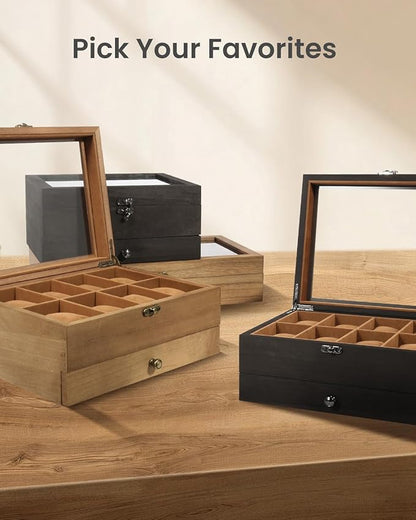 Uten 8-Slot Watch Box, 2-Layers Solid Wood Watch Display Case with Glass Lid, Watch Holder Organizer with Soft Pillow and Velvet Lining, Watch and Jewelry Storage Box, Browm
