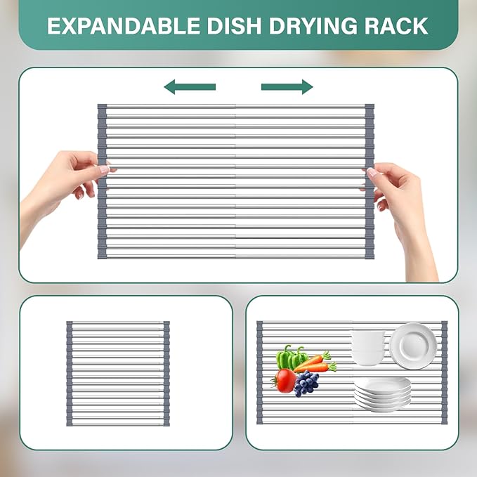 Hobychild Extra Large Expandable Roll Up Dish Drying Rack,Silicone Wrapped 22.8 x 17.3 in Over The Sink Dish Drying Rack Kitchen Rolling Dish Drainer, Foldable Sink Dish Drainer for Kitchen Counter