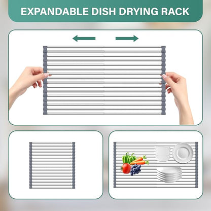 Hobychild Extra Large Expandable Roll Up Dish Drying Rack,Silicone Wrapped 22.8 x 17.3 in Over The Sink Dish Drying Rack Kitchen Rolling Dish Drainer, Foldable Sink Dish Drainer for Kitchen Counter